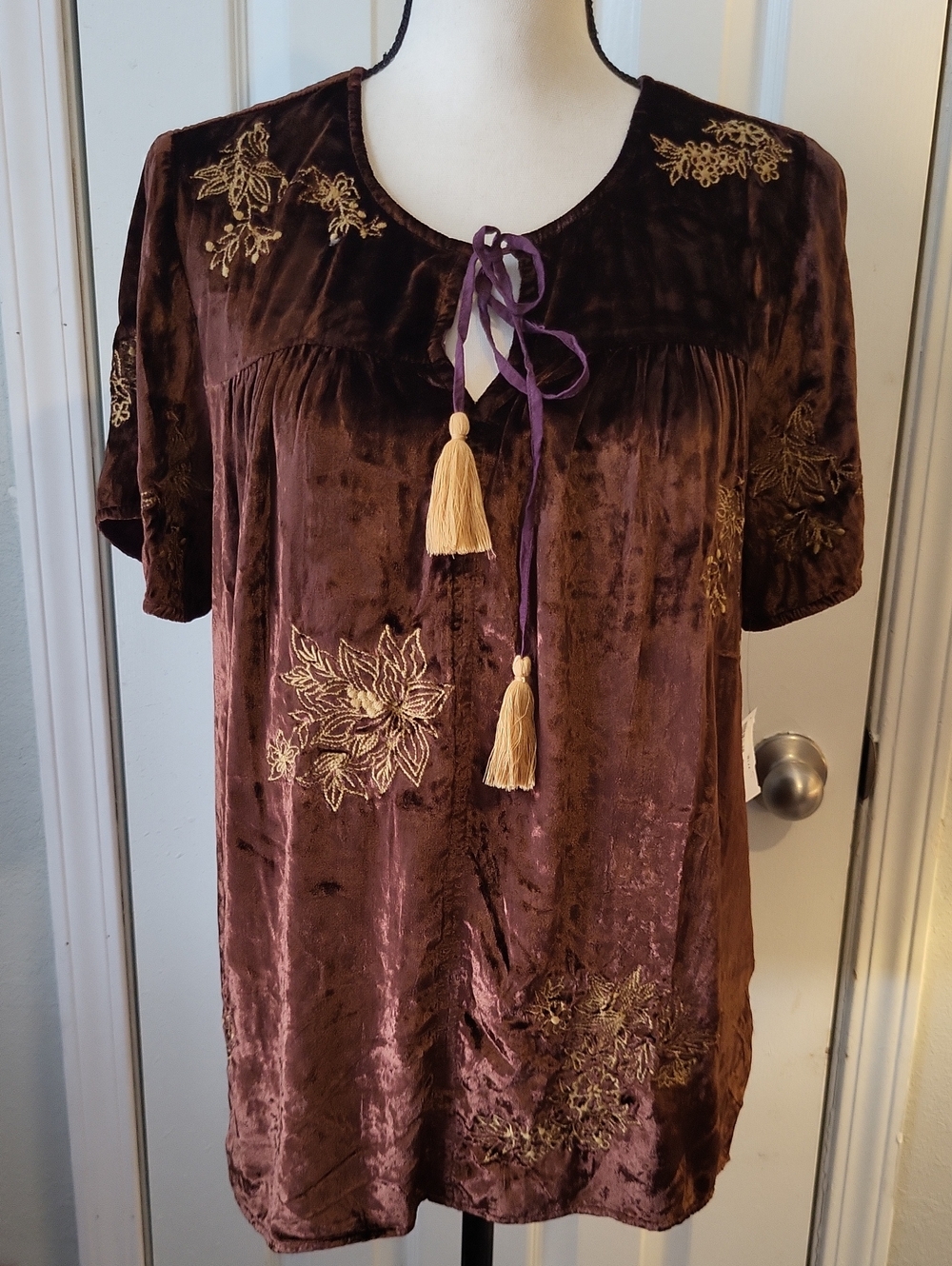 Kyla Seo Velvet Embroidered Tassel Tie Brown & Gold Blouse